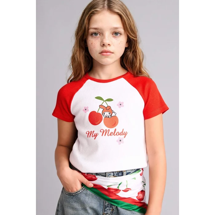 Defacto H3479A8WT34 Beyaz My Melody Fıtted Bisiklet Yaka Ribana Kısa Kollu Tişört Kız Çocuk