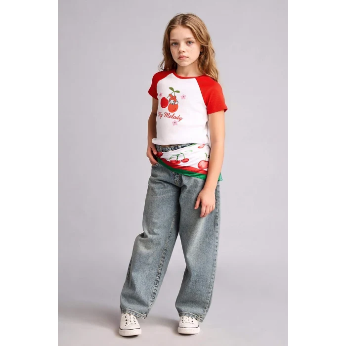 Defacto H3479A8WT34 Beyaz My Melody Fıtted Bisiklet Yaka Ribana Kısa Kollu Tişört Kız Çocuk