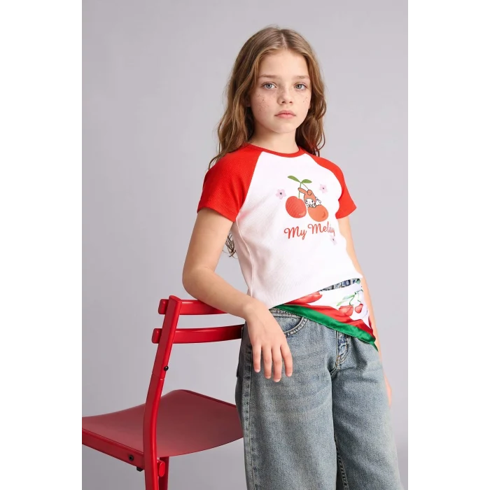 Defacto H3479A8WT34 Beyaz My Melody Fıtted Bisiklet Yaka Ribana Kısa Kollu Tişört Kız Çocuk
