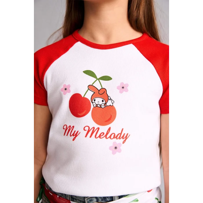 Defacto H3479A8WT34 Beyaz My Melody Fıtted Bisiklet Yaka Ribana Kısa Kollu Tişört Kız Çocuk
