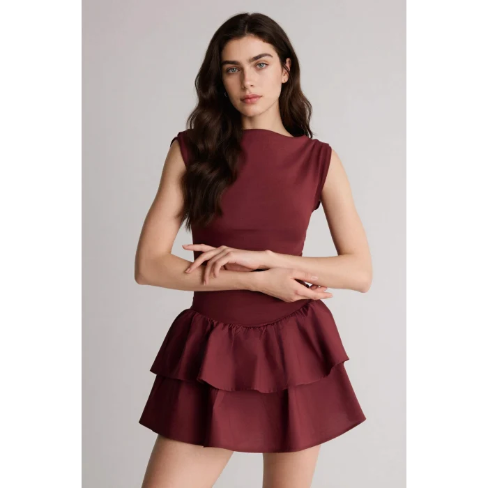 Defacto H4696AXBR467 Bordo Balloon Fıt Kayık Yaka Mini Elbise