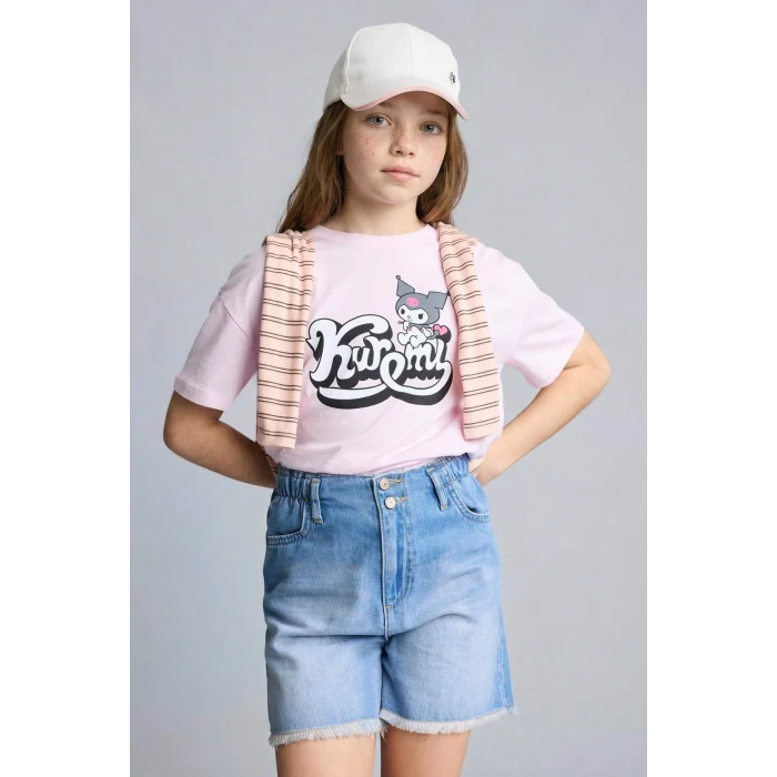 Defacto H3475A8PN180 Pembe Kuromı Relax Fıt Bisiklet Yaka Kısa Kollu Tişört Kız Çocuk