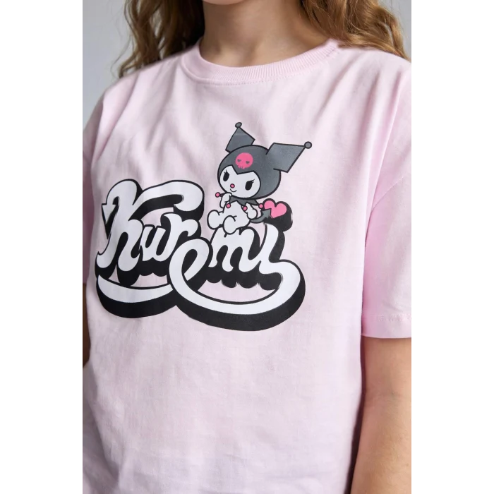 Defacto H3475A8PN180 Pembe Kuromı Relax Fıt Bisiklet Yaka Kısa Kollu Tişört Kız Çocuk