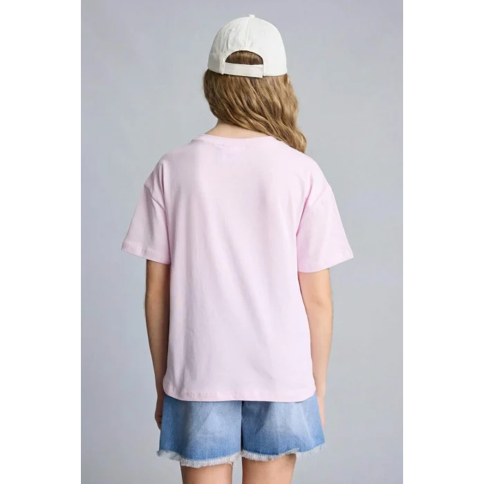 Defacto H3475A8PN180 Pembe Kuromı Relax Fıt Bisiklet Yaka Kısa Kollu Tişört Kız Çocuk