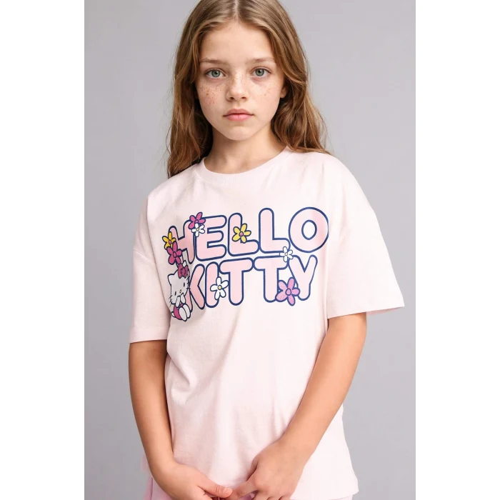 Defacto H3476A8PN671 Pembe Hello Kitty  Relax Fıt Bisiklet Yaka Kısa Kollu Tişört Kız Çocuk