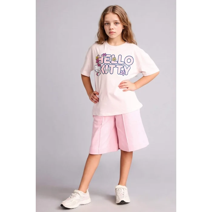 Defacto H3476A8PN671 Pembe Hello Kitty  Relax Fıt Bisiklet Yaka Kısa Kollu Tişört Kız Çocuk