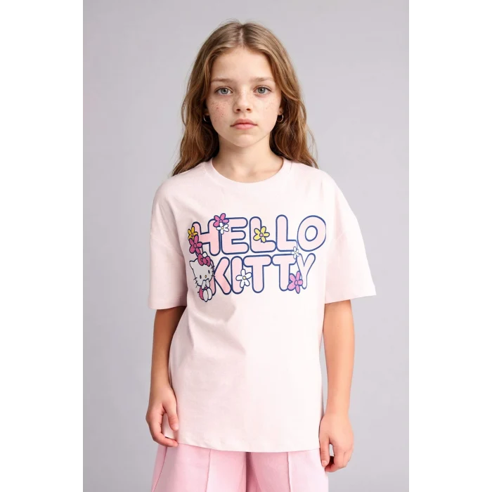 Defacto H3476A8PN671 Pembe Hello Kitty  Relax Fıt Bisiklet Yaka Kısa Kollu Tişört Kız Çocuk