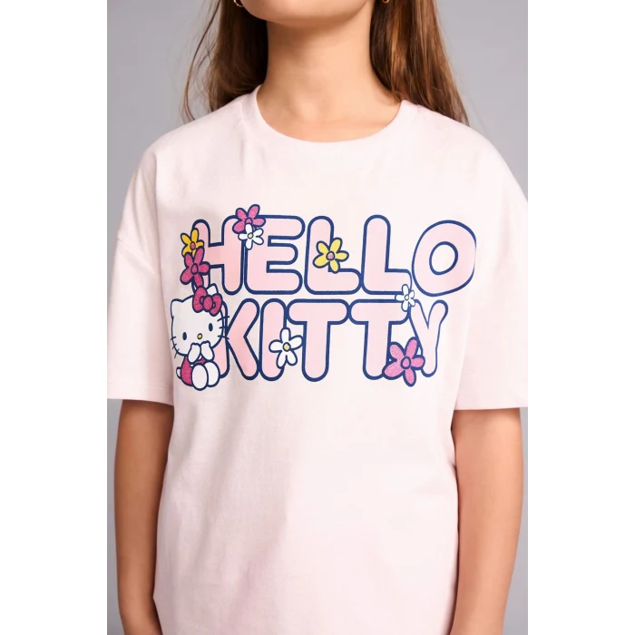 Defacto H3476A8PN671 Pembe Hello Kitty  Relax Fıt Bisiklet Yaka Kısa Kollu Tişört Kız Çocuk