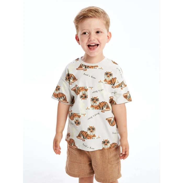 LCW Kids Bej Bisiklet Yaka Kısa Kollu Baskılı Erkek Bebek Tişört