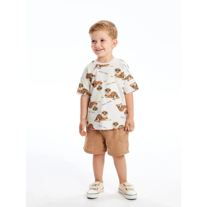 LCW Kids Bej Bisiklet Yaka Kısa Kollu Baskılı Erkek Bebek Tişört