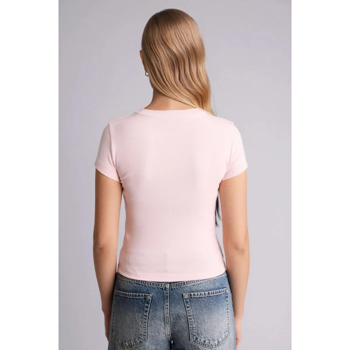 Defacto E0288AXPN38 Pembe Fıtted Bisiklet Yaka Ribana Kısa Kollu Tişört