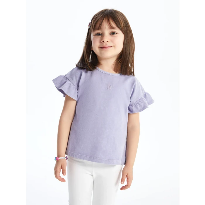 LCW Kids Lila Bisiklet Yaka Nakışlı Kız Bebek Tişört