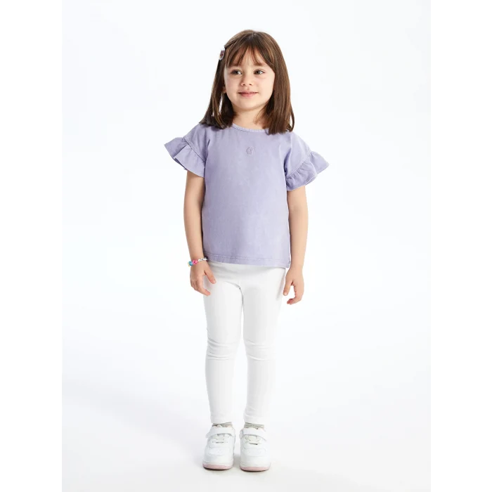 LCW Kids Lila Bisiklet Yaka Nakışlı Kız Bebek Tişört