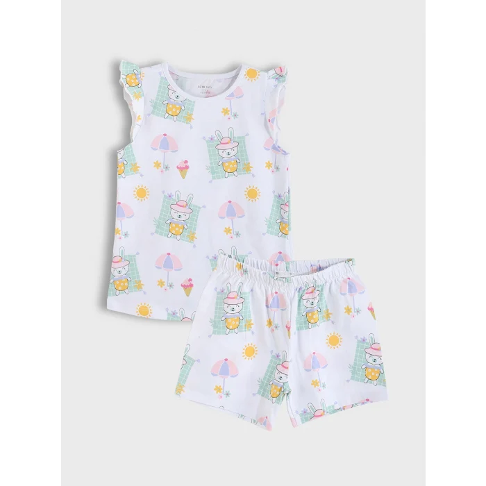 LCW baby Ekru Bisiklet Yaka Baskılı Kız Bebek Şortlu Pijama Takımı