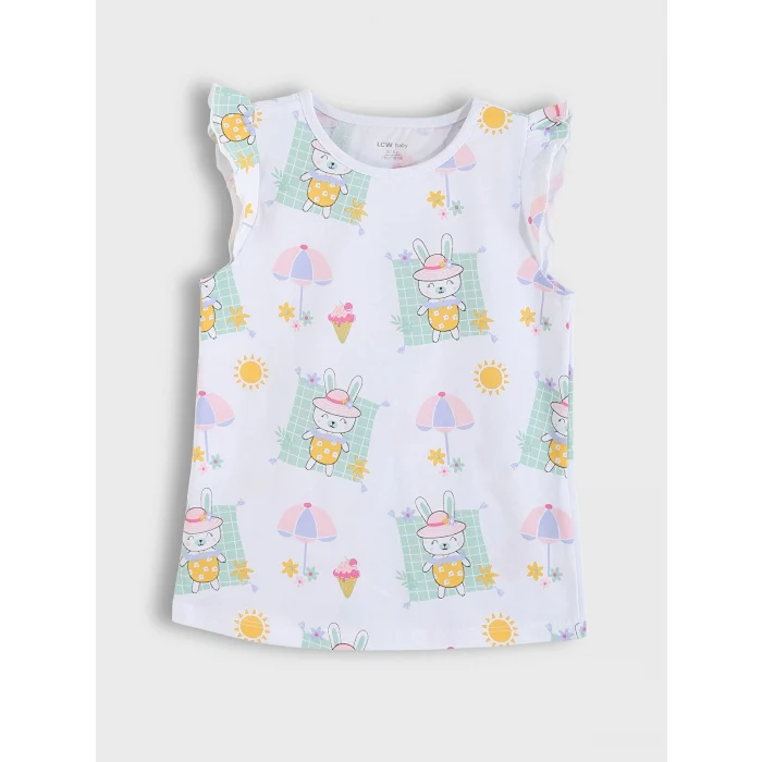 LCW baby Ekru Bisiklet Yaka Baskılı Kız Bebek Şortlu Pijama Takımı