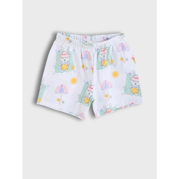 LCW baby Ekru Bisiklet Yaka Baskılı Kız Bebek Şortlu Pijama Takımı