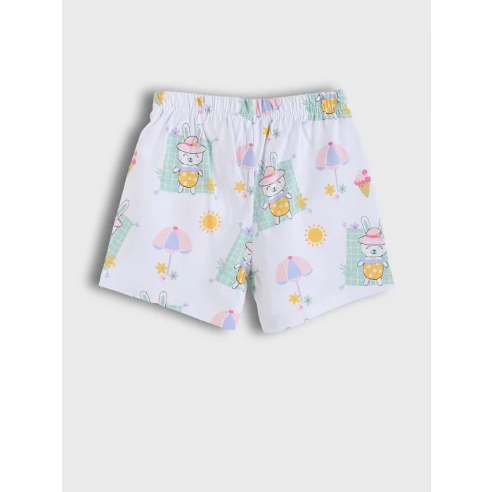 LCW baby Ekru Bisiklet Yaka Baskılı Kız Bebek Şortlu Pijama Takımı