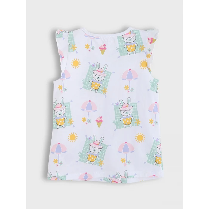 LCW baby Ekru Bisiklet Yaka Baskılı Kız Bebek Şortlu Pijama Takımı