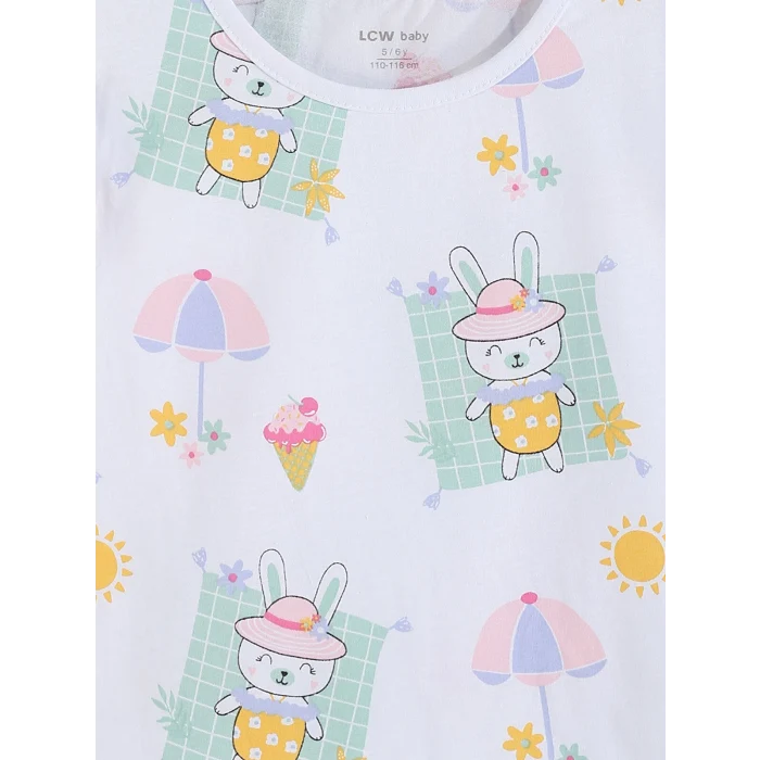 LCW baby Ekru Bisiklet Yaka Baskılı Kız Bebek Şortlu Pijama Takımı