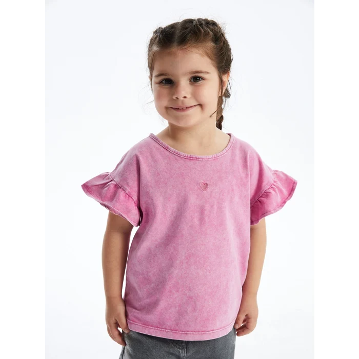 LCW Kids Pembe Bisiklet Yaka Nakışlı Kız Bebek Tişört