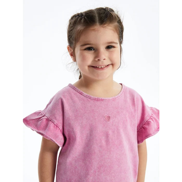 LCW Kids Pembe Bisiklet Yaka Nakışlı Kız Bebek Tişört