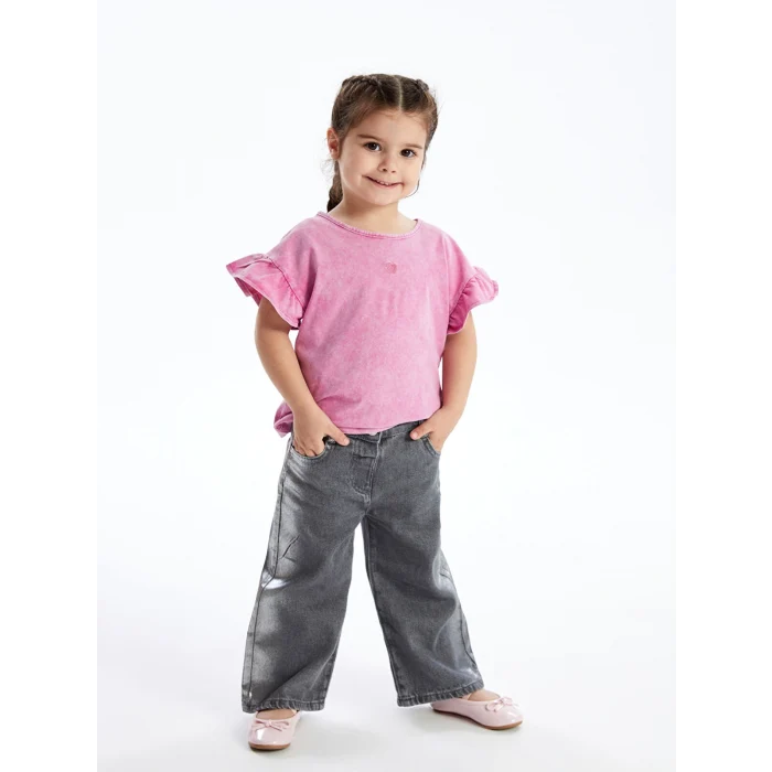 LCW Kids Pembe Bisiklet Yaka Nakışlı Kız Bebek Tişört
