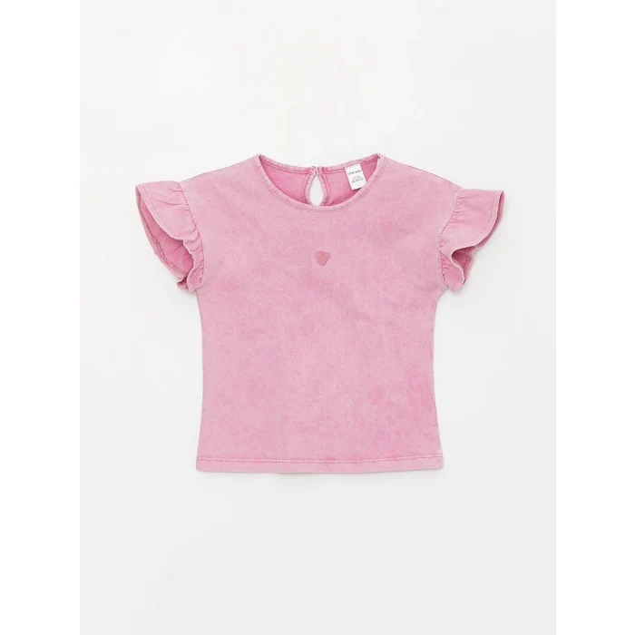 LCW Kids Pembe Bisiklet Yaka Nakışlı Kız Bebek Tişört