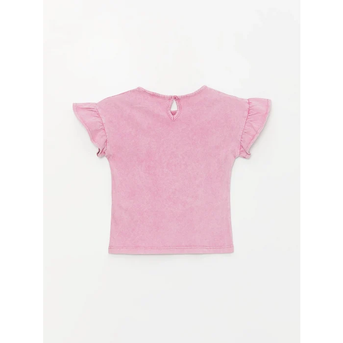 LCW Kids Pembe Bisiklet Yaka Nakışlı Kız Bebek Tişört