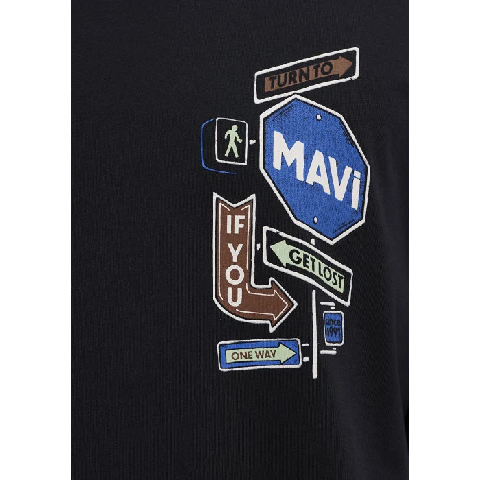 Mavi 0613391-900 İşaret Levhası Baskılı Siyah Tişört