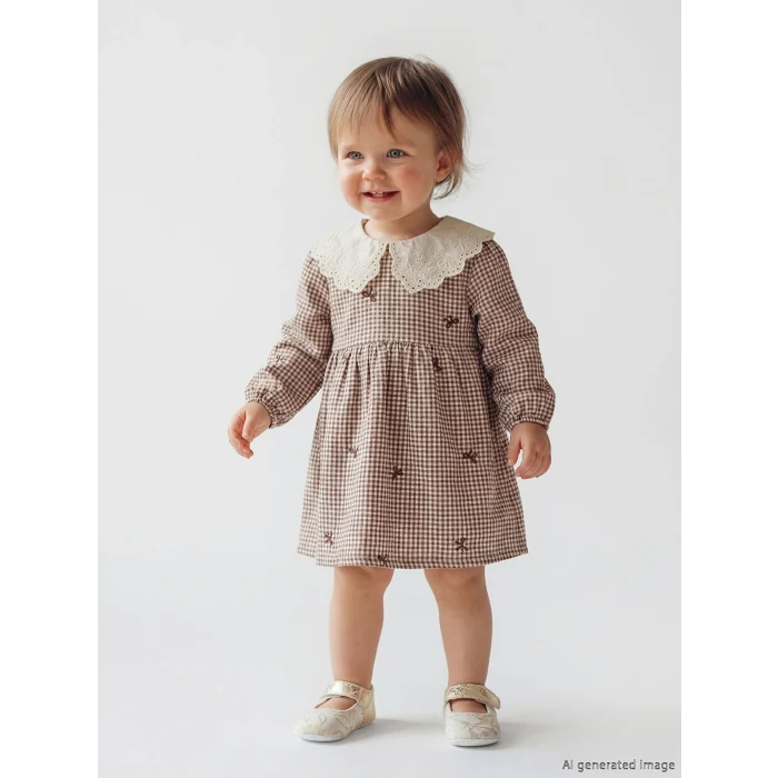 LCW baby Ekru Bebe Yaka Nakışlı Kız Bebek Müslin Elbise