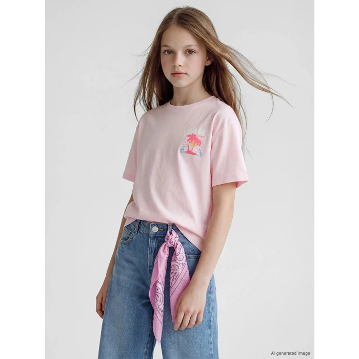 LCW Kids Pembe Bisiklet Yaka Kız Çocuk Baskılı Tişört
