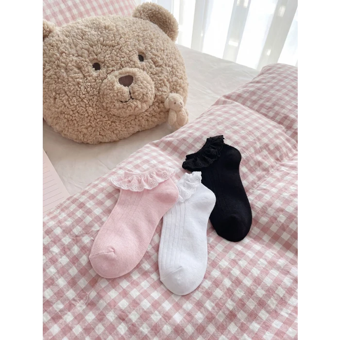 LCW Kids Pembe Dantel Detaylı Kız Çocuk Patik Çorap 3lü