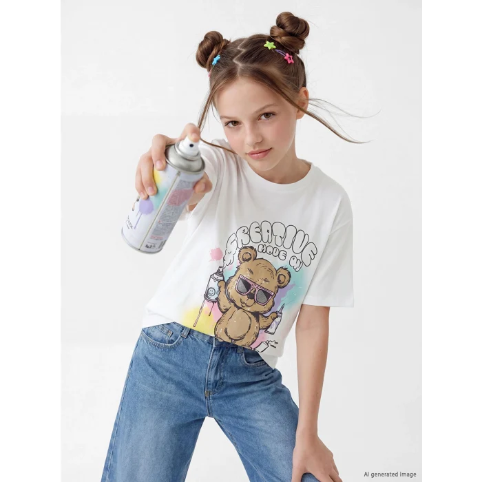 LCW Kids Beyaz Bisiklet Yaka Baskılı Kız Çocuk Tişört