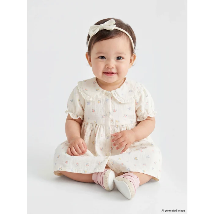 LCW baby Bej Bebe Yaka Çiçek Desenli Kız Bebek Elbise