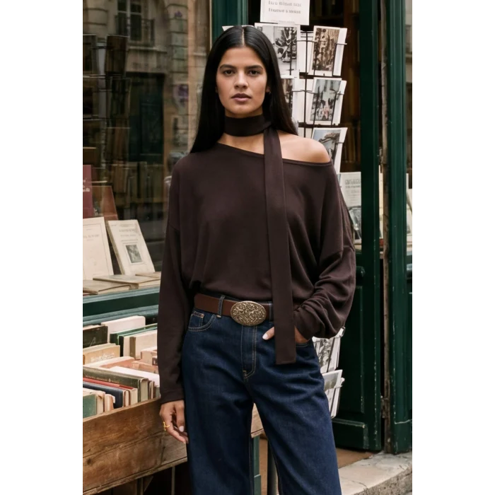 Defacto G7863AXBN130 Kahve Loose Fit Kayık Yaka Tişört
