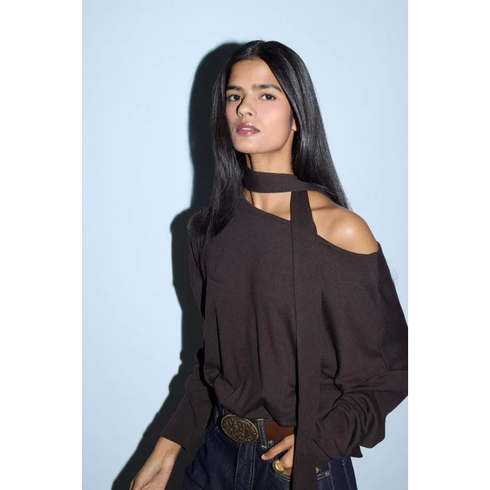 Defacto G7863AXBN130 Kahve Loose Fit Kayık Yaka Tişört