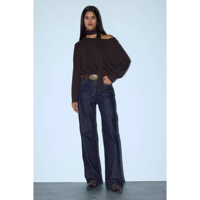 Defacto G7863AXBN130 Kahve Loose Fit Kayık Yaka Tişört
