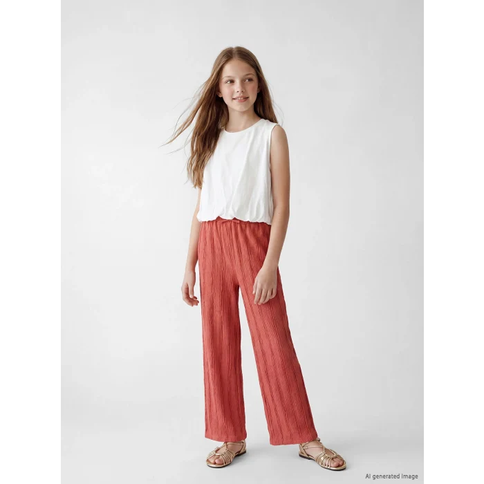 LCW Kids Pembe Kız Çocuk Geniş Paça Dokulu Pantolon