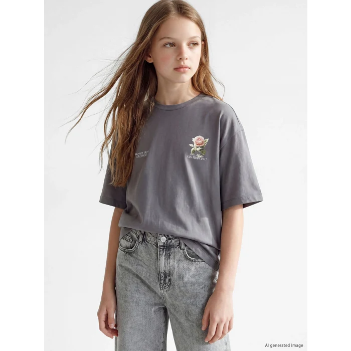 LCW Kids Gri Bisiklet Yaka San Francisco Baskılı Kız Çocuk Tişört