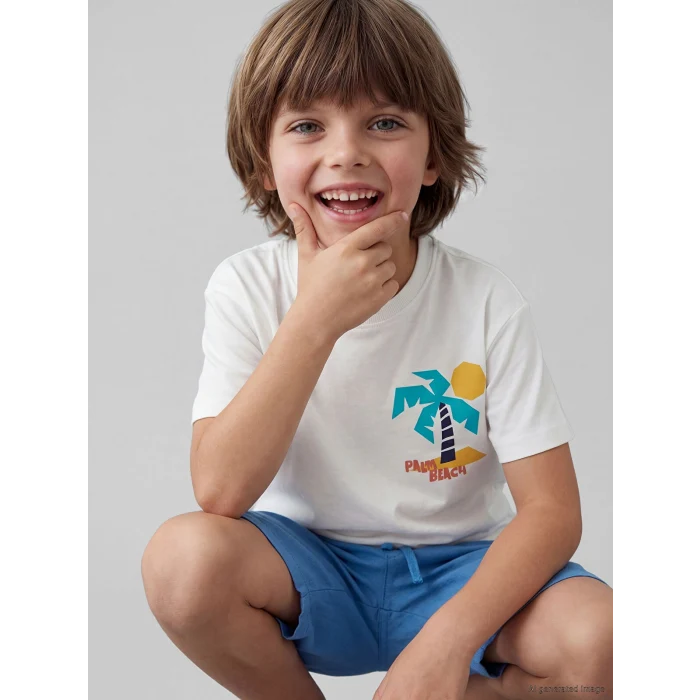 LCW Kids Beyaz Bisiklet Yaka Baskılı Erkek Çocuk Tişört