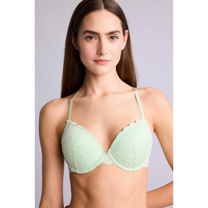 Defacto H3228AXGN1139 Yeşil Dantelli Kaplı Pedli Balenli Tişört Bra