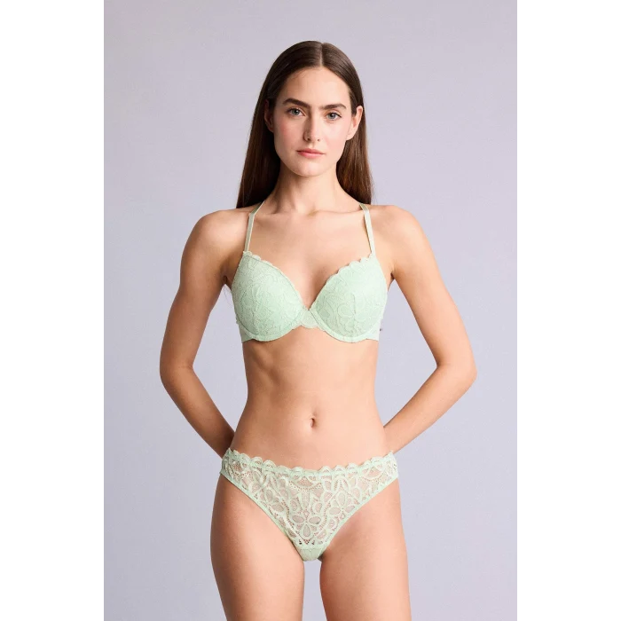 Defacto H3228AXGN1139 Yeşil Dantelli Kaplı Pedli Balenli Tişört Bra
