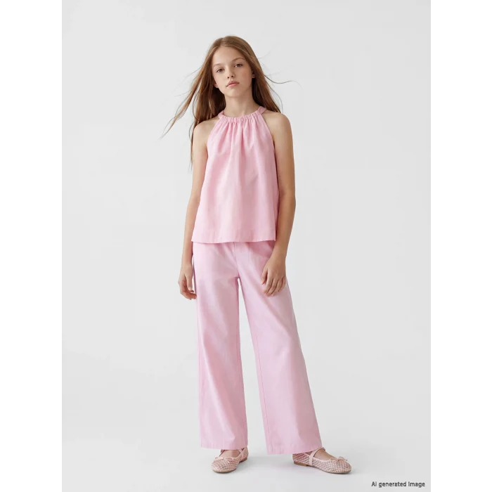 LCW Kids Pembe Loose Fit Kız Çocuk Geniş Paça Poplin Pantolon