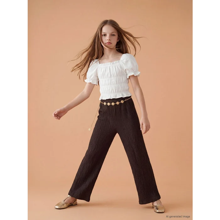 LCW Kids Kahverengi Beli Lastikli Kız Çocuk Geniş Paça Pantolon
