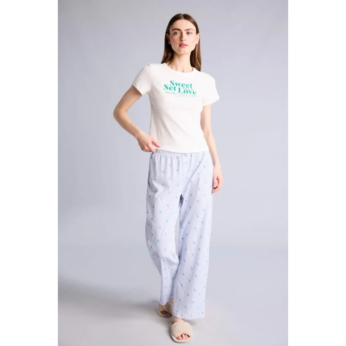 Defacto H5836AXPR317 Mor %100 Pamuk Regular Fıt Kısa Kollu Geniş Paça Pantolon 2li Takım