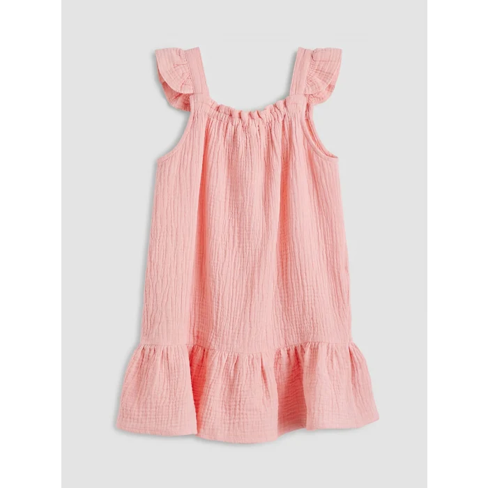 LCW Kids Pembe Kare Yaka Nakışlı Kız Çocuk Müslin Elbise