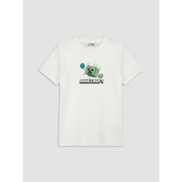 LCW Kids Beyaz Bisiklet Yaka Minecraft Baskılı Erkek Çocuk Tişört
