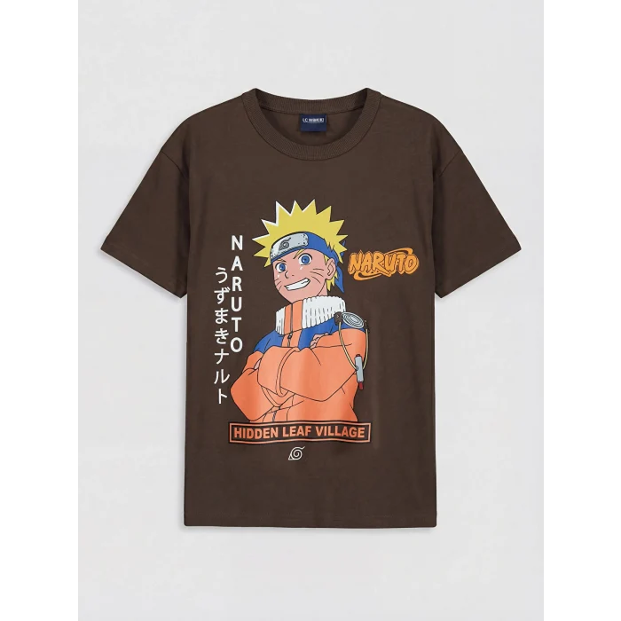 LCW Kids Kahverengi Bisiklet Yaka Naruto Baskılı Erkek Çocuk Tişört