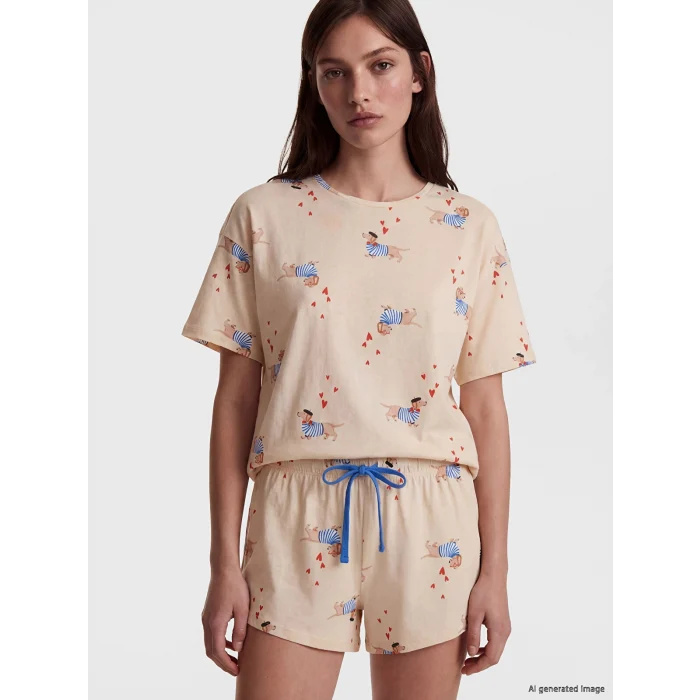 LCW DREAM Bej Köpek Baskılı Kadın Şortlu Pijama Takımı