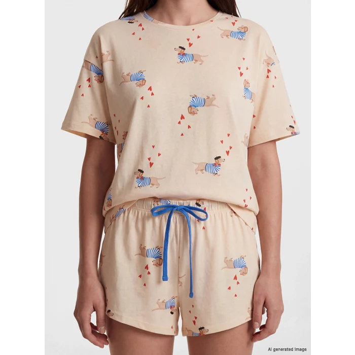 LCW DREAM Bej Köpek Baskılı Kadın Şortlu Pijama Takımı